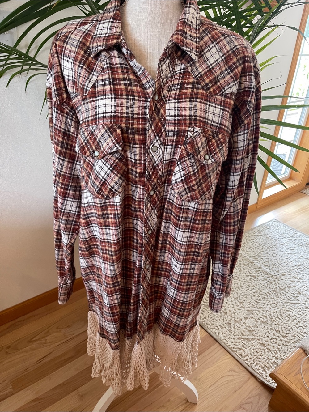 Vintage 316 Plaid Shirt Dress or Tunic top in Brown, Cream & Rust